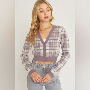 Love Tree Plaid Cropped Cardigan Sweater - Size L